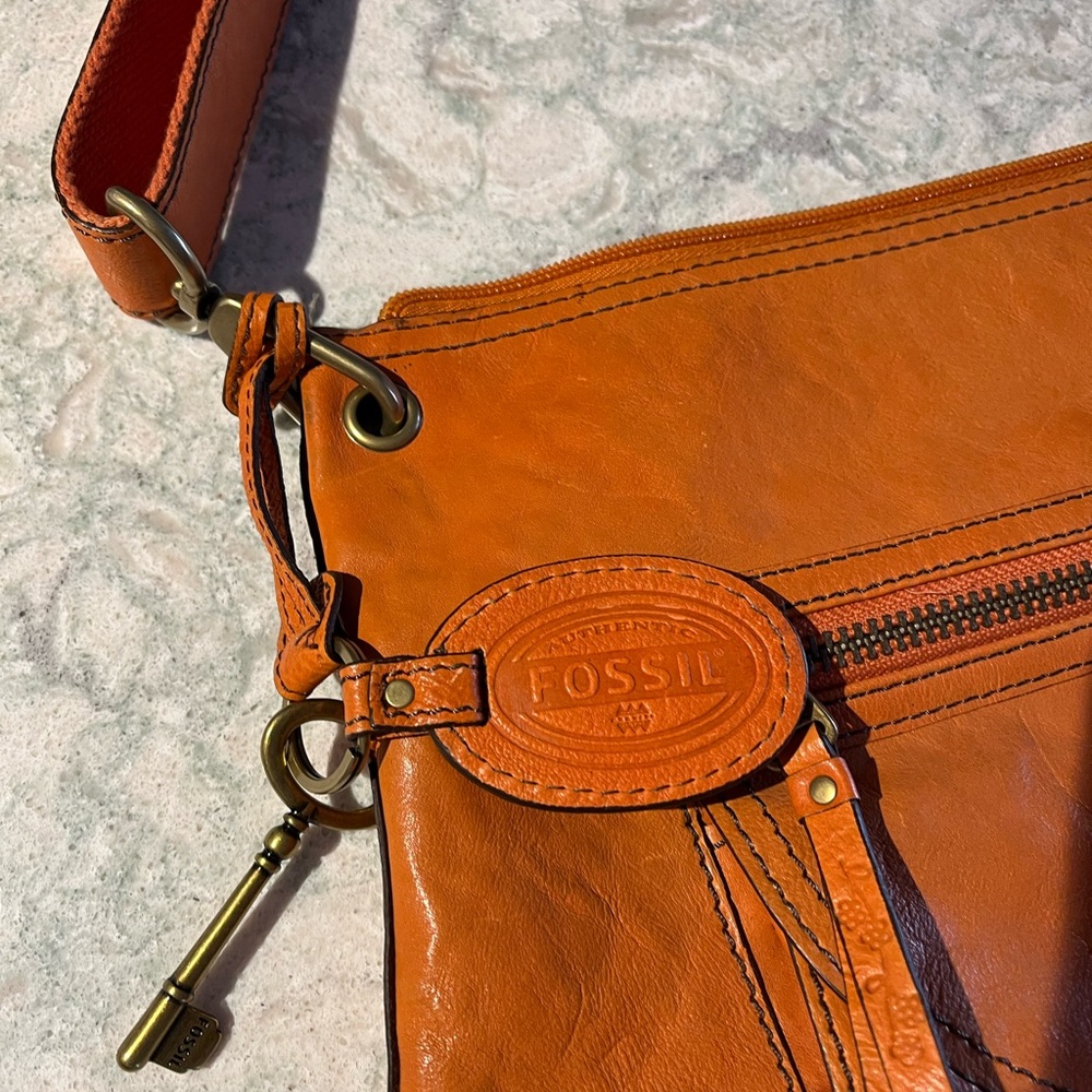 Fossil Orange Leather Shoulder Bag with Brass Hardware